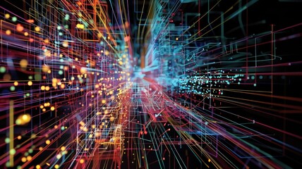 Fototapete - This vivid abstract image illustrates a dynamic data visualization concept featuring AI elements. The colorful lines and patterns represent the flow of information, embodying modern technology and