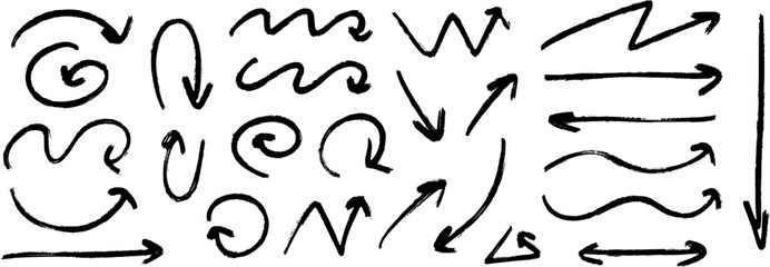 Poster - Hand drawn crayon arrow collection. Black curve, zig zag and straight doodle arrows set. Grunge charcoal sketch pointers or direction lines. Vector pastel pencil, chalk or marker brush stroke elements