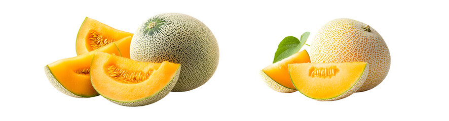 Poster - set of cantaloupe fruits, sliced and whole. isolated on transparent background