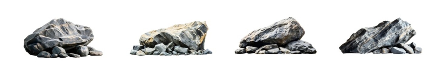 Fototapete - several piles of gray and white rocks with varied shapes and textures. isolated on transparent background