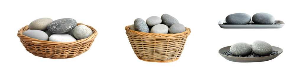 Poster - set of Assorted stones in woven baskets and trays. isolated on transparent background