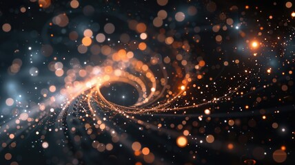 Poster - Sparse with spiraling trail of particles glowing dots setting against dark background in depth and motion. The dynamic visual effect mesmerizing and captivating with orange blue atmosphere. AIG53.