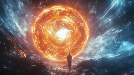 Poster - Solitary figure contemplates celestial inferno with fiery swirling cosmic portal for exploring cosmic mystery and intense digital painting concept.