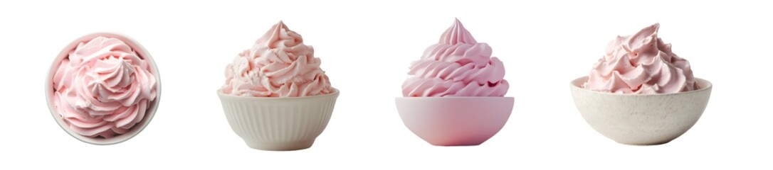 Poster - set of servings of pink dessert topping in white bowls. isolated on transparent background