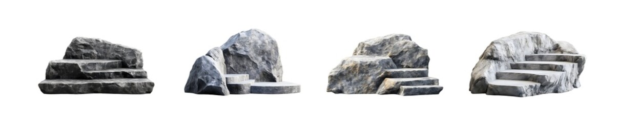 Poster - set of Three dimensional rock formations in grayscale. isolated on transparent background