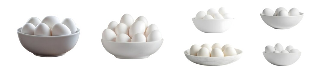 Poster - set of Multiple white eggs in ceramic bowls isolated on transparent background