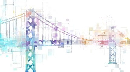 Poster - This abstract graphic features a suspension bridge against a white background, showcasing a colorful, modern design with digital textures and geometric patterns.