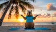 © Marina Shvedak - capybara in sportswear doing yoga on mat in summer beach funny animal fitness concept of mindful relaxation and wellness