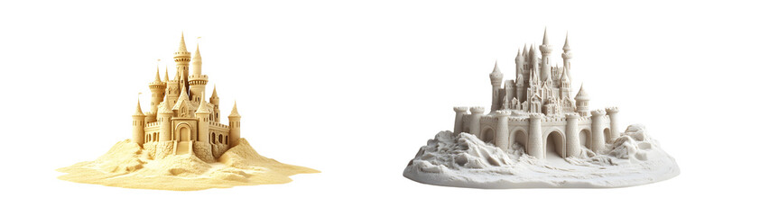 Poster - set of meticulously crafted sandcastles isolated on transparent background