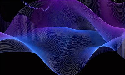 Fototapete - A purple and blue gradient data chart background with sound waves, against a black background. It has an animated feel, is modern in design, uses a digital art style,