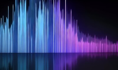 Fototapete - A purple and blue gradient data chart background with sound waves, against a black background. It has an animated feel, is modern in design, uses a digital art style,