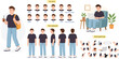 © Rohit Rawat - Young Man Character Constructor. Casual Guy Character Creator Kit. A Flat Style Man Character Model Sheet with Lip Sync, Turnaround, Poses & Hand Gestures for Animation and Explainer Videos.