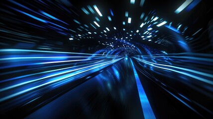 Fototapete - This captivating image features a vibrant blue light projection in a dark setting, creating a sense of speed and modernity. It's perfect for conveying technology and energy.