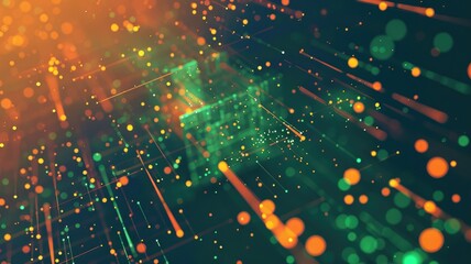 Leinwandbilder - Abstract green orange particle in geometric shape represent data flow. Vivid flowing object with high tech texture, create digital effect scene perfect for energetic, fantasy wallpaper design. AIG53.