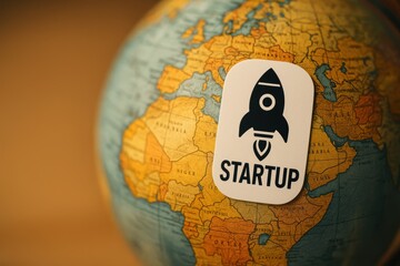 Poster - Startup Concept Visualization with Rocket Icon on a Globe Focused on Africa and Europe