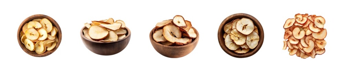 Poster - set of small, shallow wooden bowls are filled with various dried fruit isolated on transparent background