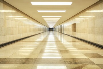 Poster - This image captures a modern minimalist corridor featuring sleek lines, bright lights, and reflective surfaces, creating an atmosphere of tranquility and elegance.