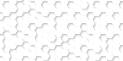 Fototapete - Background with white lines Hexagonal structure futuristic white background and Embossed Hexagon , honeycomb white Background ,light and shadow texture web design.