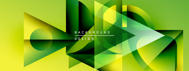 Fototapete - Abstract geometric shapes overlap, creating vibrant green gradients. Design features text background design within composition.