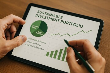 Poster - Hands Holding Tablet with Chart and Graphs on Sustainable Investment Portfolio Strategies