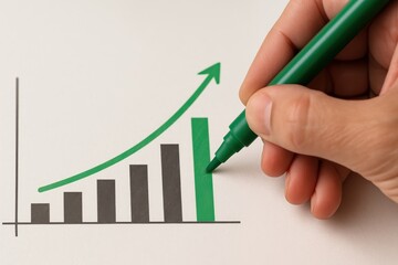 Poster - Green Pen Creates Rising Trend Graph with Growth Arrow and Bar Chart on White Background