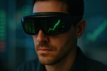 Poster - Man Analyzing Data with Futuristic Glasses in a Dimly Lit Office Environment