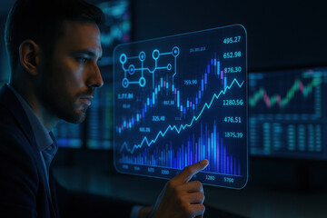 Poster - Business Professional Analyzing Digital Financial Data on Transparent Screen in Dark Office Environment