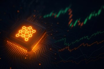 Poster - Digital Circuit Board with Glowing Processor and Stock Market Data Visualization