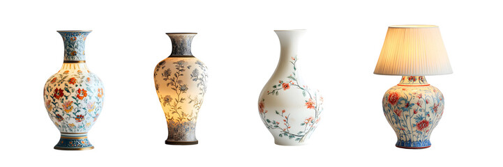 Poster - set of Decorative floral patterned vases and table lamps. isolated on transparent background