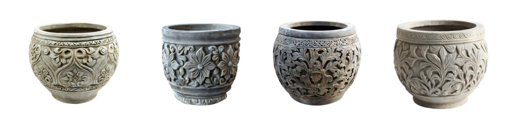 Poster - set of Ornate decorative stone-like planter collection isolated on transparent background
