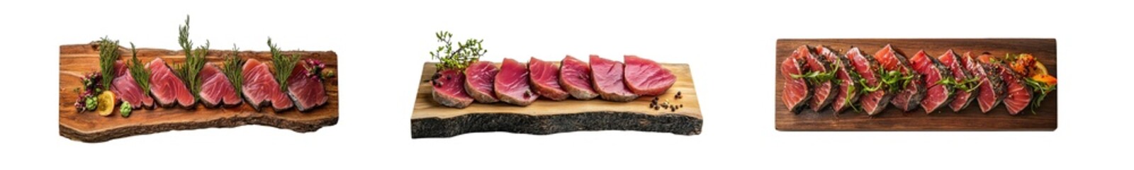 Poster - set of Slices of meat arranged on wooden serving platters. isolated on transparent background