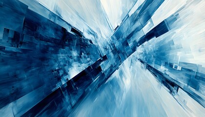 Fototapete - Abstract digital art composition featuring a perspective view of geometric shapes in shades of blue and white.