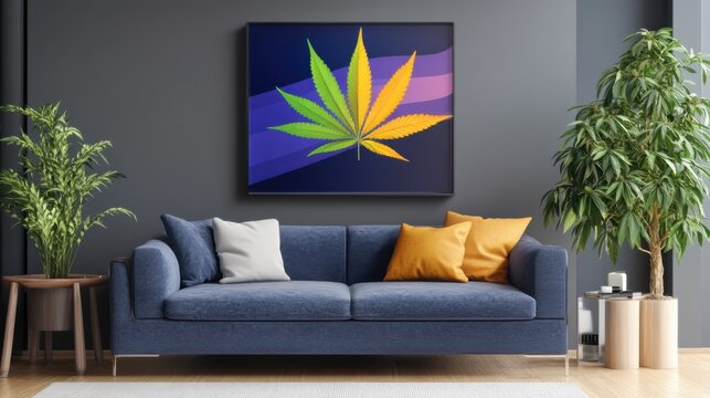 Cannabis art with vibrant abstract background and glowing dual-tone leaf