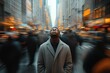 © Aleksandra - Man in gray coat standing still with eyes closed in busy city street surrounded by blurred moving crowd and glowing lights, evoking calm amidst chaos