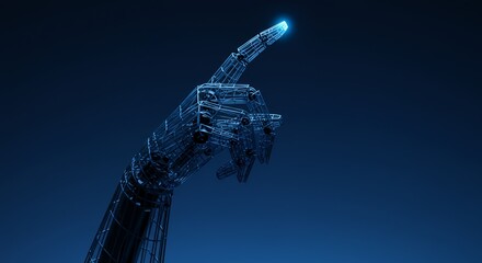 Poster - Abstract Robotic Hand Pointing with Illuminated Fingertip Against Deep Blue Gradient Background Representing Technology and Future
