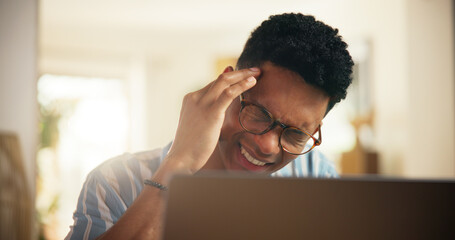 Poster - Man, headache and student by laptop for pain, burnout or medical issue while studying. Migraine, tension or pressure with male person, computer for learning or academic fatigue with brain fog in home