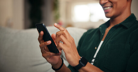 Poster - Relax, hands and phone with man on sofa for social media, movie platform and streaming service. Happiness, entertainment app and subscription with person in living room at home for multimedia search