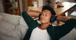 © EinFrame25/peopleimages.com - Man, relax and headphones on sofa with sleep, mindfulness or eyes closed for podcast on living room couch. Peace, rest and male person with audio tech, music or lazy weekend with nap break in house