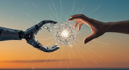 Poster - Human and Robot Hands Touching a Glowing Digital Sphere at Sunset Representing Artificial Intelligence and Technological Connection