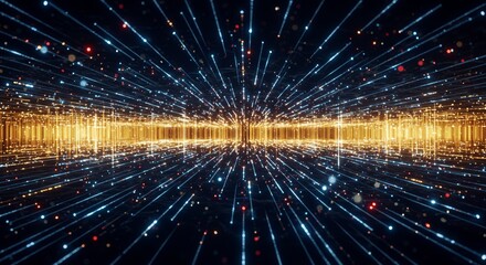 Aufkleber - Digital Data Stream Flowing Through Tunnel with Blue and Gold Lines on Black Background