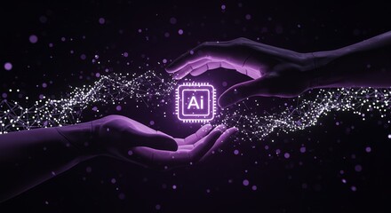 Poster - Artificial Intelligence Chip Between Two Pixelated Hands with Purple Neon Glows and Sparkles on Dark Background