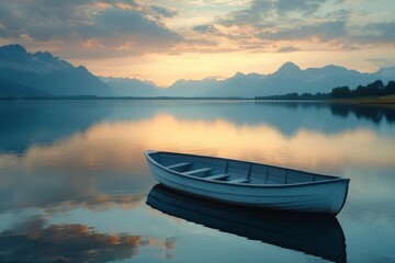  serene sunset over a calm lake, with a rowboat floating in the water and distant mountains reflecting on the surface, Generative AI