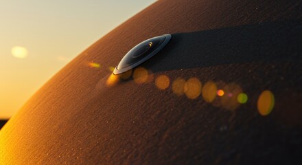 Poster - Metallic Dome Under Golden Sunset Light Abstract Geometric Metallic Structure With Smooth Curved Surface And Lens Flare Effect
