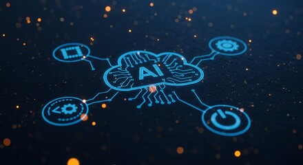 Aufkleber - Blue Artificial Intelligence Cloud Network on Dark Background with Glowing Particles Representing Future Technology and Innovation
