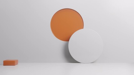 Poster - 3d animation exhibition podium, display pedestal in white and orange version. Abstract Geometric 3d background. Modern platform for Realistic minimal showcase room for presentation products