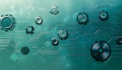 Fototapete - Teal circuit board with metallic gears and lines.