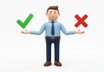 Poster - 3D Illustration of Cartoon man balancing check mark and cross symbol isolated on white background representing choice and decision making