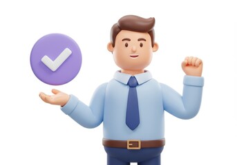 Poster - 3D Illustration of Cartoon businessman presenting a check mark isolated on white background, showing success and agreement in 3d rendering