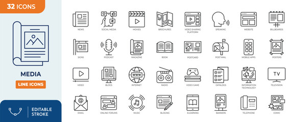 media line editable icon set. contain icon related to mass media, social networks, public media, jou
