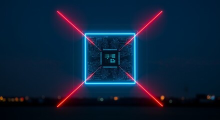 Aufkleber - Abstract Glowing Blue Square with Red Laser Beams Against a Dark Blue Sky with City Lights in the Background